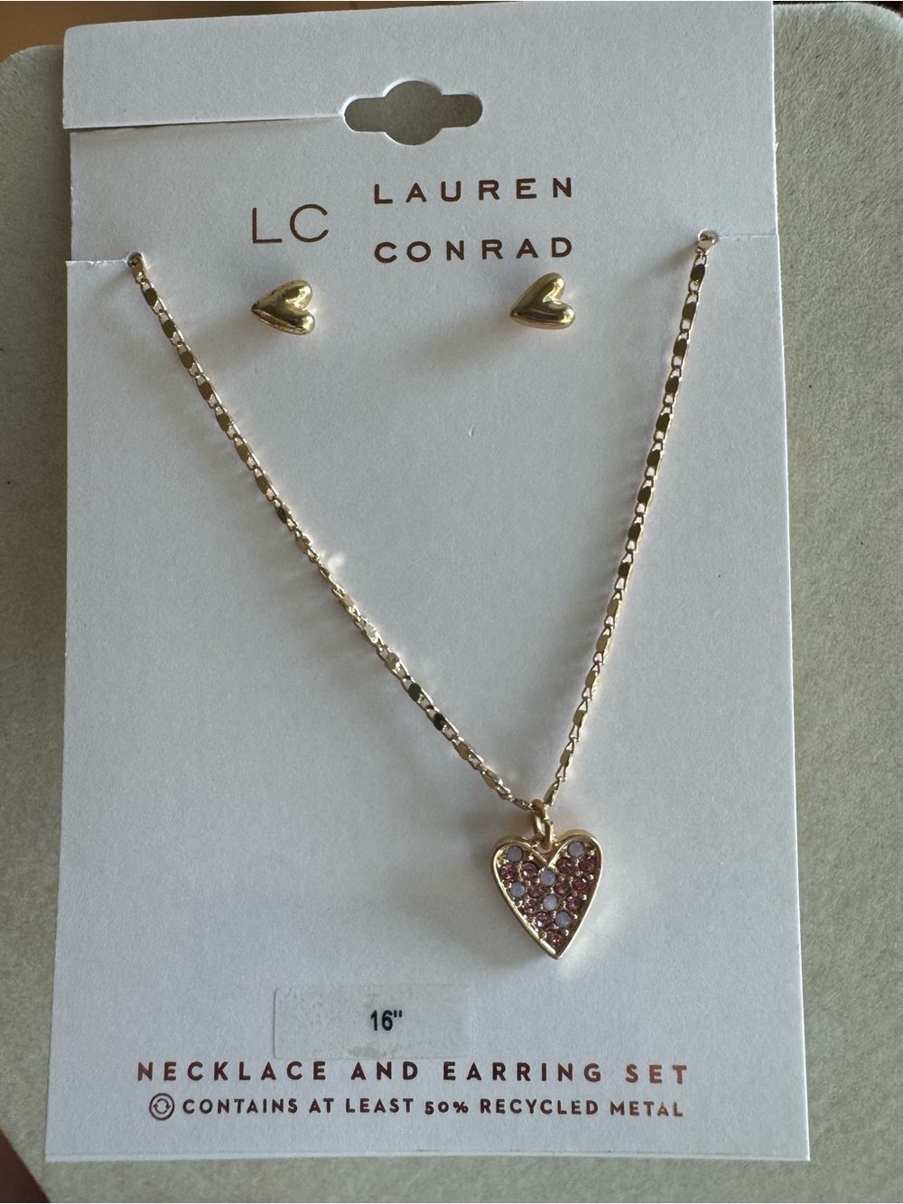 New LC Lauren Conrad Gold Heart Necklace and Stud Earrings with Pink Stones